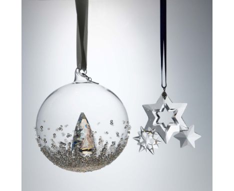 Annual edition Christmas tree ornaments featuring a dazzling clear crystal Christmas tree set within a hand blown glass globe