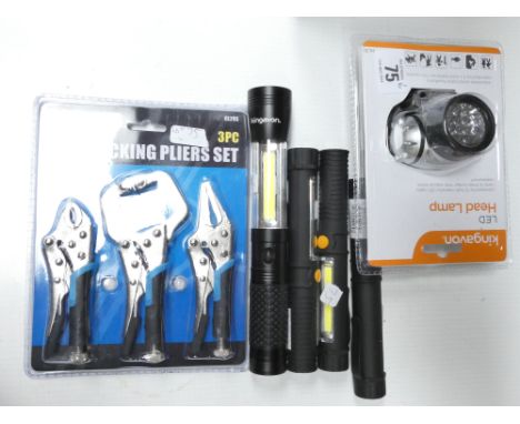 New LED headlamp , 4 cob torches and a 3 piece  mini locking pliers set