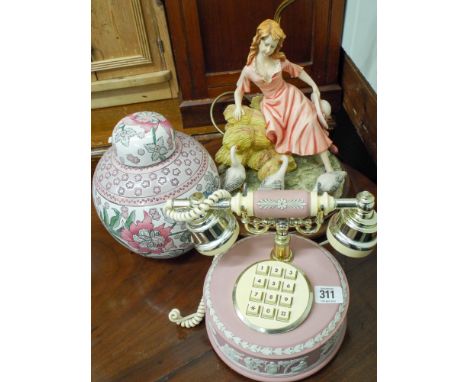 Wedgwood pink Jasper stick style telephone, decorative lady table lamp and a pink ginger jar and cover 