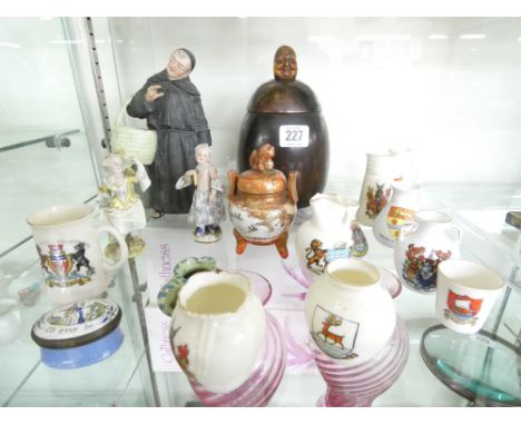 An assortment of porcelain including 19th century enamel patch box with 'Constant to thee Ill ever be' inscribed on the top a