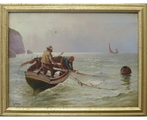 R. Douglas, sea fishermen hauling in their catch, oil on canvas, signed, poor restoration, 29 x 39cm