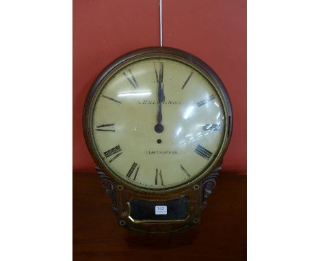 A William IV mahogany and brass inlaid circular convex fusee wall clock, the painted dial signed Hallam & Son, Nottingham