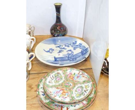 Four Canton plates, blue and white charger with six character mark and cloisonne vase (6)