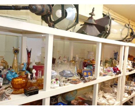 Model ship, pottery table lamp, pair of Maling planters, teawares, two anniversary clocks with domes, dolls, glass and china,