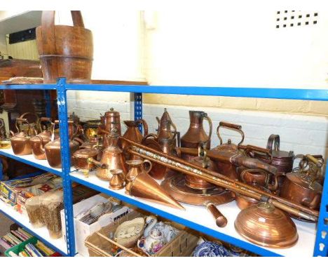 Collection of 19th Century and later copper and brass wares including kettles, jugs, watering cans, planters, pair of wood ca