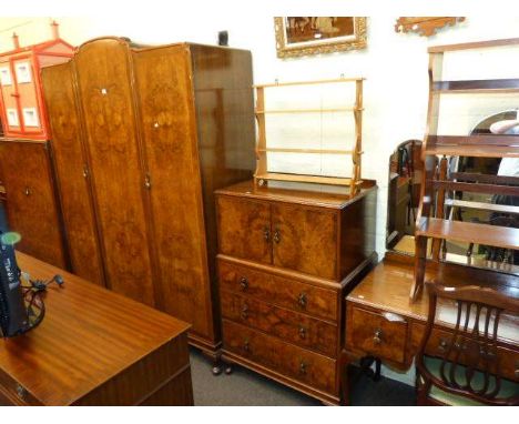 Figured walnut four piece cabriole leg bedroom suite, Edwardian mahogany side chair and two open shelf racks (7)