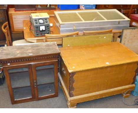 Grain painted trunk, folding card table, counter display case, oak glazed door wall cabinet, unframed painting, oscilloscope 