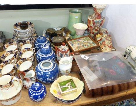 Edwardian tea china, blue and white ginger jars, Sylvac, other china and vases, fur, bead bag, hair comb, pictures, etc