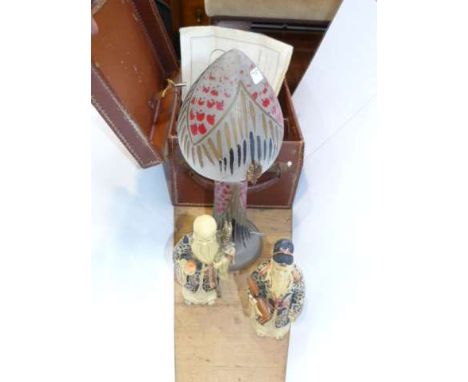 Cased portable microscope, art glass table lamp and two Oriental figures (4)