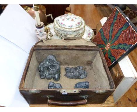 Pheasant pattern tureen and plates, hand table lamp, leather case, four Canadian wolf sculptures and six pictures