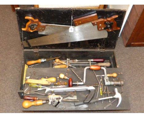 Joiners tool box and tools including brace and bits, chisels, etc