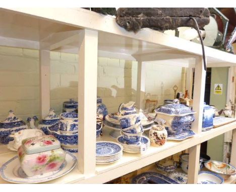 Blue and white Masons Vista tureen and stand, tea service, bowl and ginger jar, Ringtons Old Willow teapot and caddy, two Sta