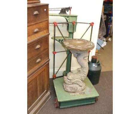 Vintage cast sack scales, aquatic column bird bath and oil can (3)