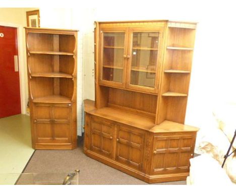 Ercol display cabinet with corner ends and matching open topped corner cabinet