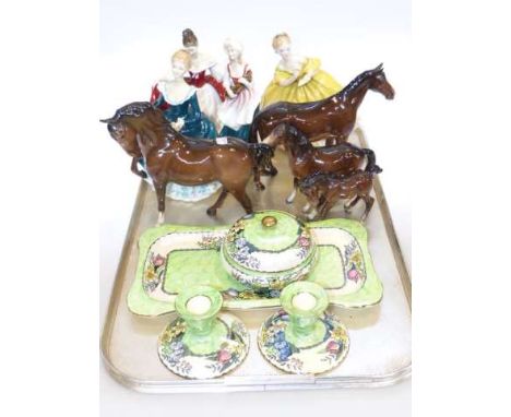 Four Royal Doulton figures 'Sara', 'The Last Waltz', 'Janine' and 'Lizzie', Four Beswick horses and Maling four piece trinket