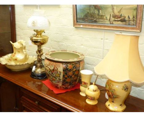 Aynsley Orchard Gold lamp, vase and lidded jar, Oriental fish bowl, brass table lamp and toilet jug and basin