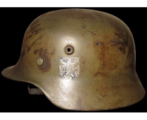 German WW2 Double Decal steel helmet, with liner and chin strap. A nice piece with original finish and decals