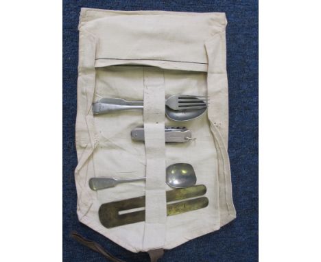 British soldiers kit roll, WW1 era, WKY stamped spoon, another spoon with chamfered edge for D shape mess tin, fork, button s