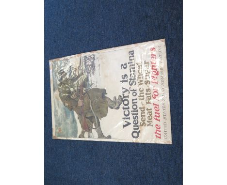 First World War Poster from an old hoard, "Victory is a question of Stamina" shows an attacking WW1 US Soldier by the US Food