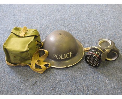 WW2 police helmet with gasmask and bag 