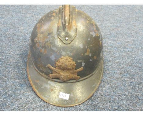 France a WW1 French Poilu Adrien helmet with French Artillery cap badge, old repaint, badge rusty, most of liner 