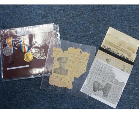 BWM & Victory medals, cap badge & newspaper clippings (photo) to 200202 Pte H.E.Pritchard R.W.Kent R, He was a Bandsman, woun
