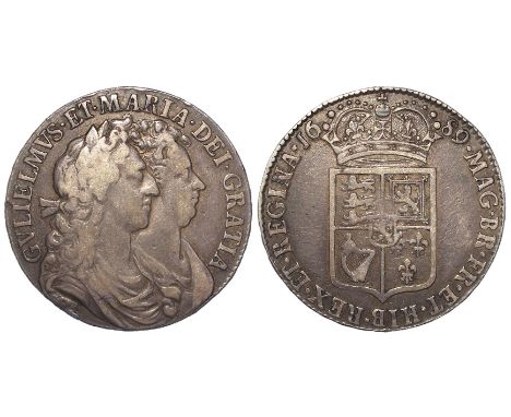 Halfcrown 1689 first rev. S.3434, GF, edge nick.