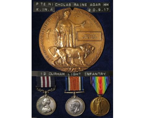 Military Medal Casualty group - MM (31875 Pte N R Agar 12/Durh L.I.), BWM & Victory Medal (31875 Pte N R Agar Durh L.I.). Dea