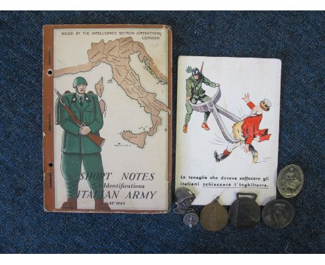 WW2 booklet on the Italian Army with Italian post card and a selection of Italian badges and medals  