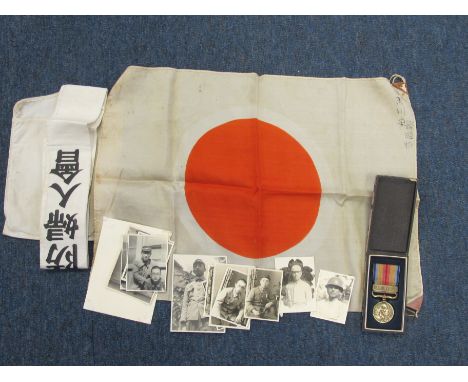 Japanese WW2 signed good luck flag and bag, photos, good luck going to war sash, China war medal, relates to a Sergt. Ichikau