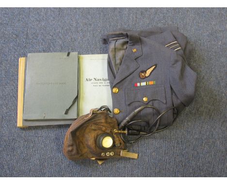 RAF WW2 Navigators jacket, log book manuals, C type flying helmet etc.  