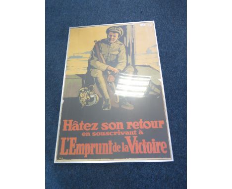 First World War poster from an old hoard, Canadian soldier with Pickelhaube nearby, French or French Canadian with patriotic 