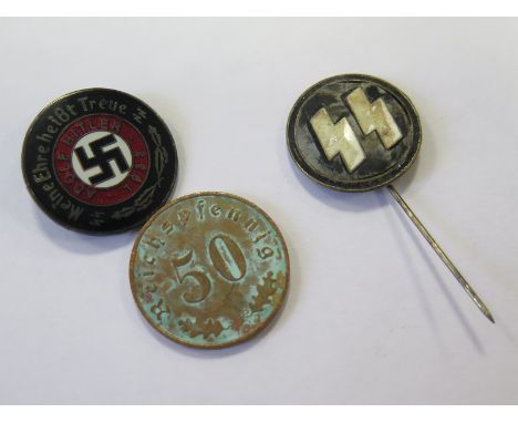 German WW2 SS items, a lapel stick pin, Lapel badge and an Kanteingeld SS coin, mostly VF+