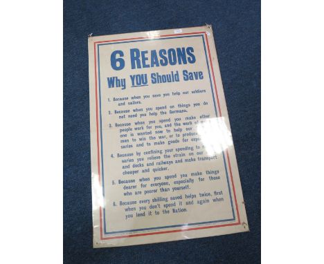 First World War poster from an old hoard, "Six Reasons why you should save" a British Home front poster, shows age 