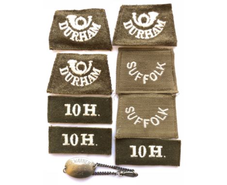 WW1 Selection of Cloth Embroidered Other Rank’s Slip on Shoulder Titles. Comprising: 3x Durham with curled bugle. ... 2x Suff