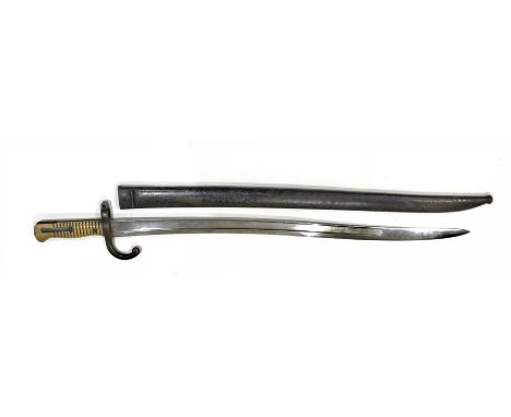 1869 French Chassepot Bayonet. Single edged Yataghan blade with large fuller. The hilt with steel hook quillon,  muzzle ring 