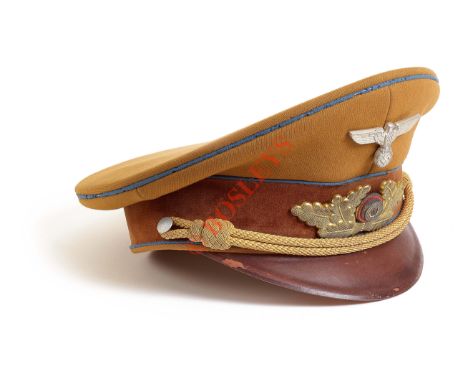 German Third Reich NSDAP Leader’s peaked cap. A good example worn by an Ortsgruppenleiter of tan woollen cloth with light blu
