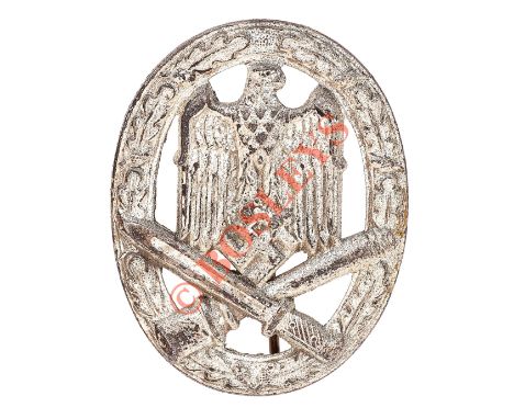 German Third Reich boxed WW2 Army / Waffen SS General Assault Badge by Wurster. A good die-cast silvered example with vertica