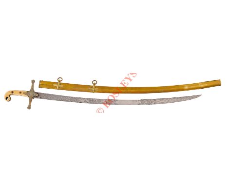 A Victorian Officer’s Mameluke Sword. Flat curved blade, richly etched throughout its entire length with foliate decoration, 