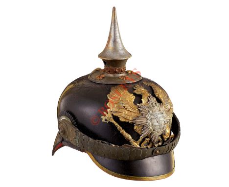 WW1 Imperial German Saxon Duchies Infantry Officer’s Pickelhaube. A scare late WW1 made example, the black leather skull reta