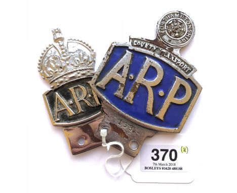 ARP Northamptonshire County Transport car badge and another. Chrome plated County Rose over ‘County Transport’ resting on ARP