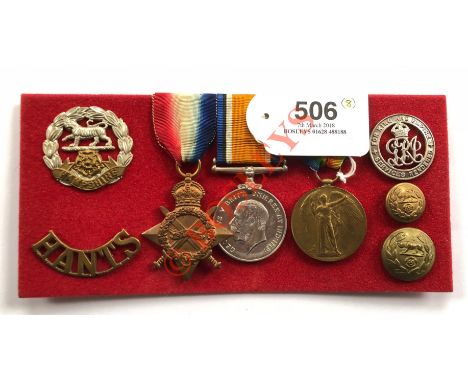 WW1 4th Bn Hampshire Regiment Group of Three Medals and badges. Awarded to “4-420 Pte J. Tocock Hamps R”. Comprising: 1914/15