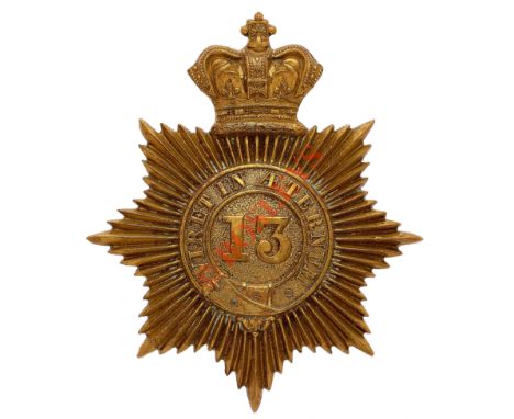 13th Hussars Victorian undress sabretache ornament  pouch badge. A scarce die-stamped brass example. Crowned star bearing str