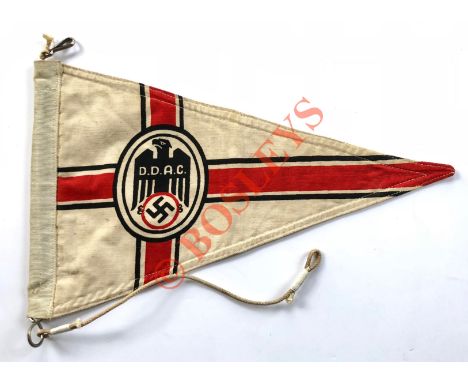 German Third Reich DDAC car pennant. A good double sided triangular example of white cotton printed with cross of National co