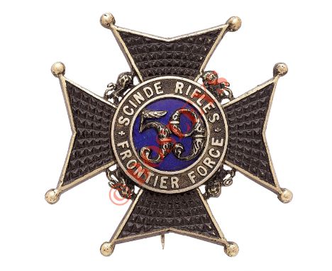 Indian Army. 59th Scinde Rifles Frontier Force Officer’s pagri badge circa 1903-22. A good cast example. Maltese cross, balls