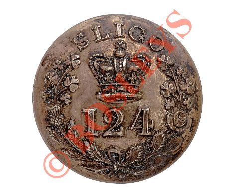 Irish. Sligo Militia Victorian Officer’s silvered closed-back coatee button circa 1835-55. A good scarce example by Jennens &