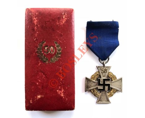 German Third Reich 50 year Faithful Service Decoration in case of issue. A good scarce example. Silver cross with black ename