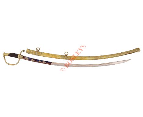Napoleonic War Period French Officer’s Blue & Gilt Sword. The single edged 32 inch blade bears 1/3 length blue and gilt decor