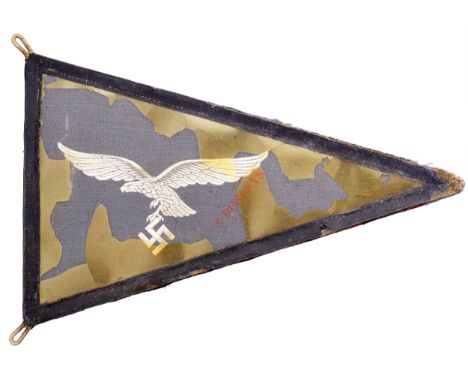 German Third Reich  WW2 Luftwaffe Officer’s car pennant. A good scarce grey blue cotton triangular example embroidered with s