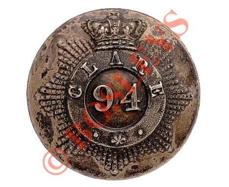 Irish. Clare Militia William IV / Victorian Officer’s silver plated closed-back coatee button. A good scarce example by Jenne